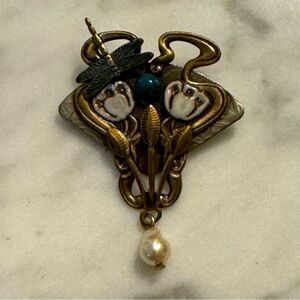 Art Nouveau Enamel Pearl Malachite Floral Pin Brooch